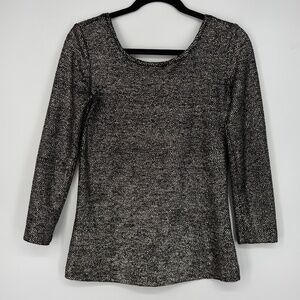 & Other Stories Womens 12 XS Fitted Knit Top Black Gold Metallic Low Back 3/4 Sl